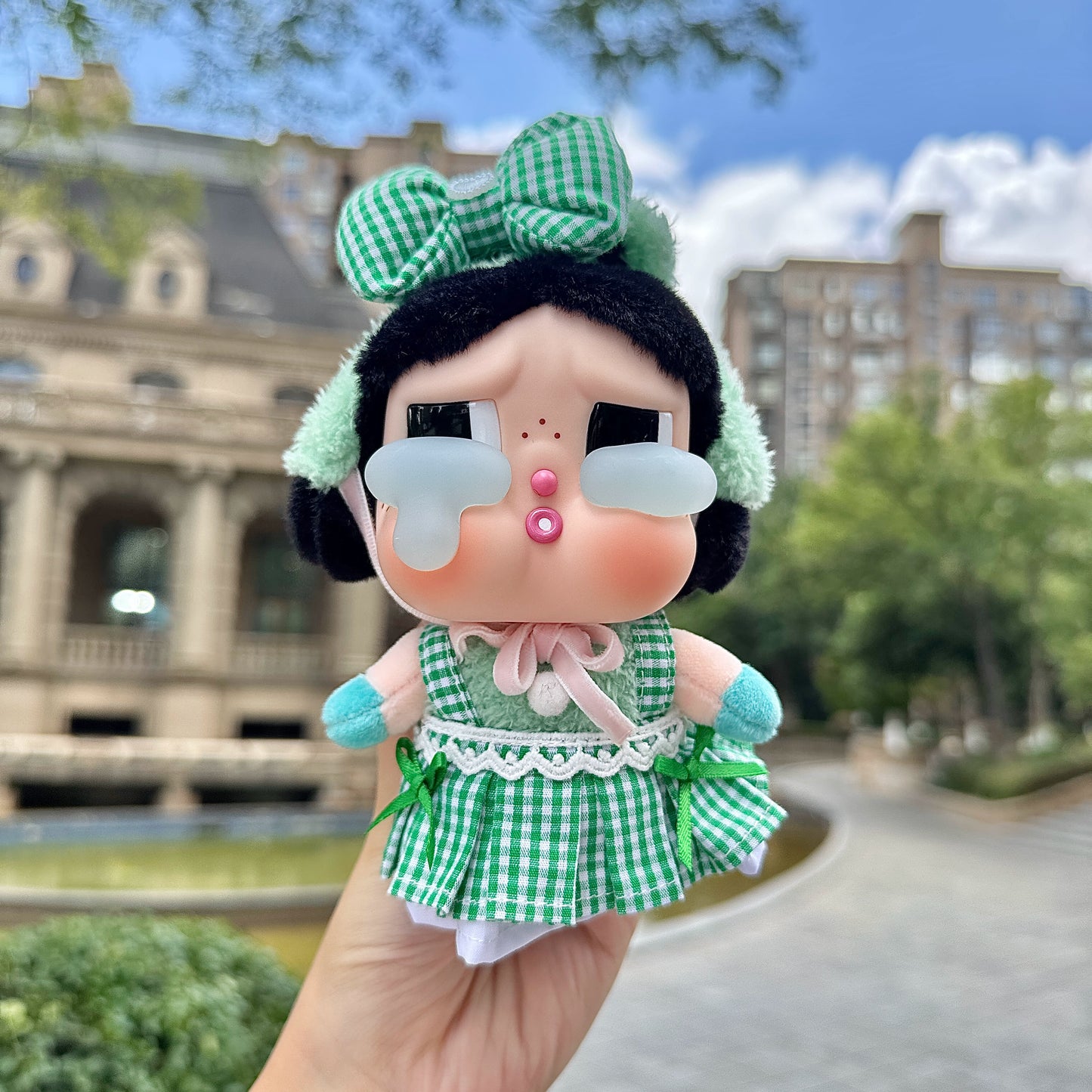 Crybaby Tears Factory Outfit - Green Dress & Hair Bow for 10cm Cotton/Plush/Vinyl Doll Clothes