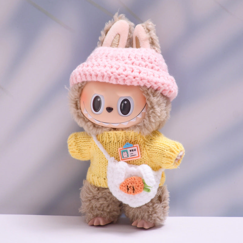 Labubu Series 1/2 Outfit - Brown Knit Sweater Set w/ Hat & Bag for Keychain Doll