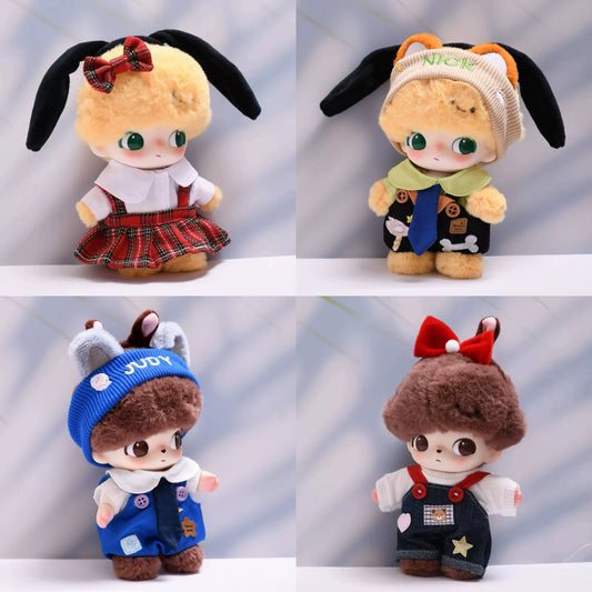 DIMOO WORLD Plush Keychain Doll Outfit - Star Denim Overalls & Red Bow Set for Labubu Doll Clothes