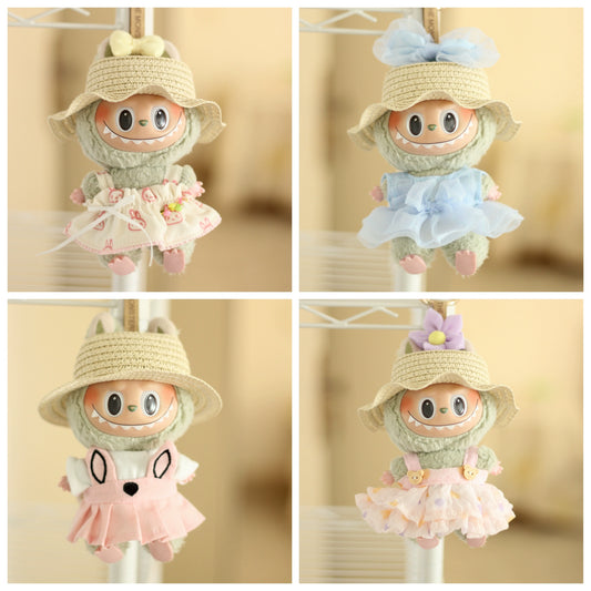 17cm Labubu Summer Straw Hat & Dress Outfit - Change Clothes with Accessories
