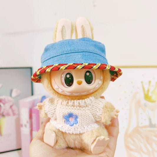 Labubu Series 1/2 Outfit - Denim Overalls w/ Red Blue Hat for Vinyl Doll Clothes