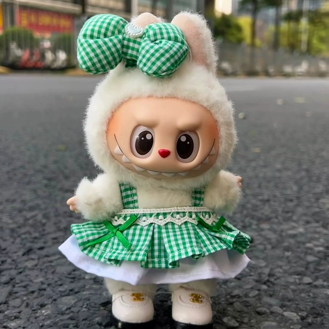 17cm Labubu Green Dress & Hair Clip - Sitting Party Outfit for Series 1/2/3 Vinyl Doll