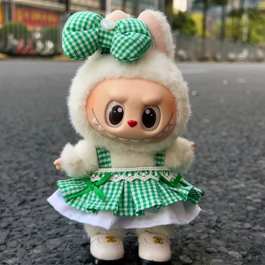 17cm Labubu Green Dress & Hair Clip - Sitting Party Outfit for Series 1/2/3 Vinyl Doll