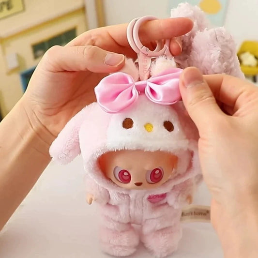 17cm Labubu Knit Outfit - Button Sweater & Hat Set for Plush Vinyl Keychain Doll