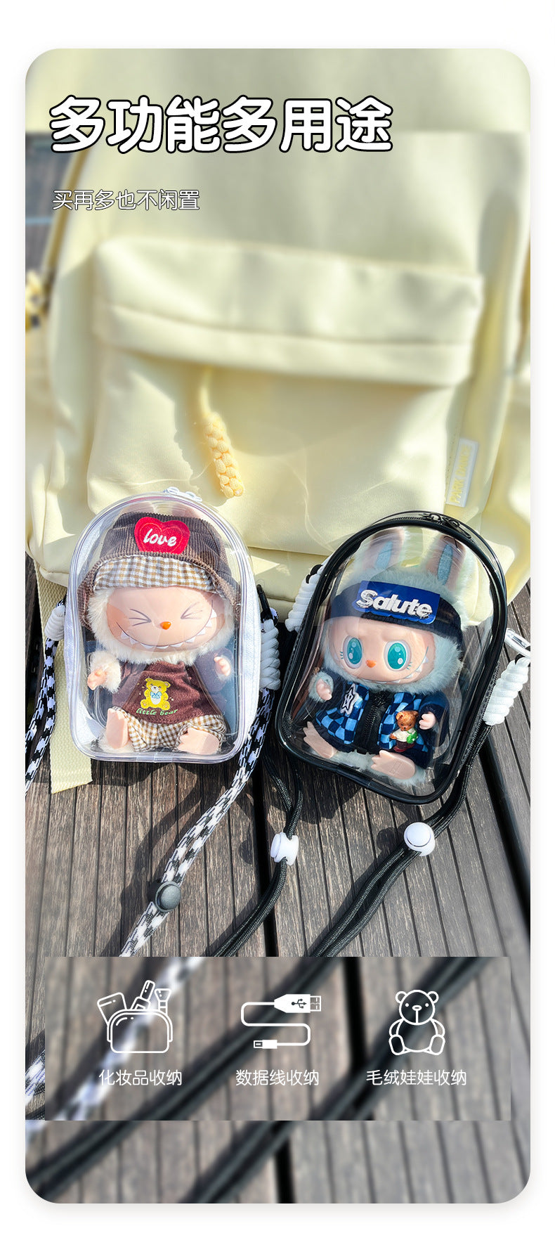 Pop Mart Labubu Gen 3 Transparent Dust-Proof Display Case | Ita Bag with Adjustable Strap for Vinyl Dolls
