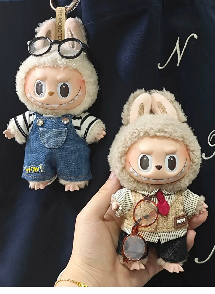 POP MART Labubu Doll Clothes - Striped Tee + Pocket Denim Overalls for Gen 1/2/3 Figures 17cm (No Doll Included)