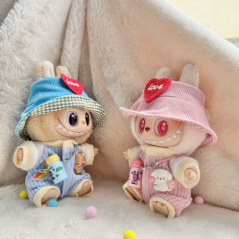 Labubu Series 1/2 Keychain Outfit - Heart Hat & Bottle Overalls Set for Doll Clothes