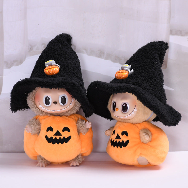 17cm Labubu 1st-2nd Gen Keychain Clothes Only | Halloween Pumpkin Costume Set with Black Witch Hat | Replacement Outfits for Vinyl Dolls