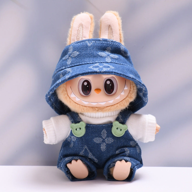 Labubu Series 1/2 Outfit - Printed Overalls & Hat for Keychain Doll Clothes Streetwear