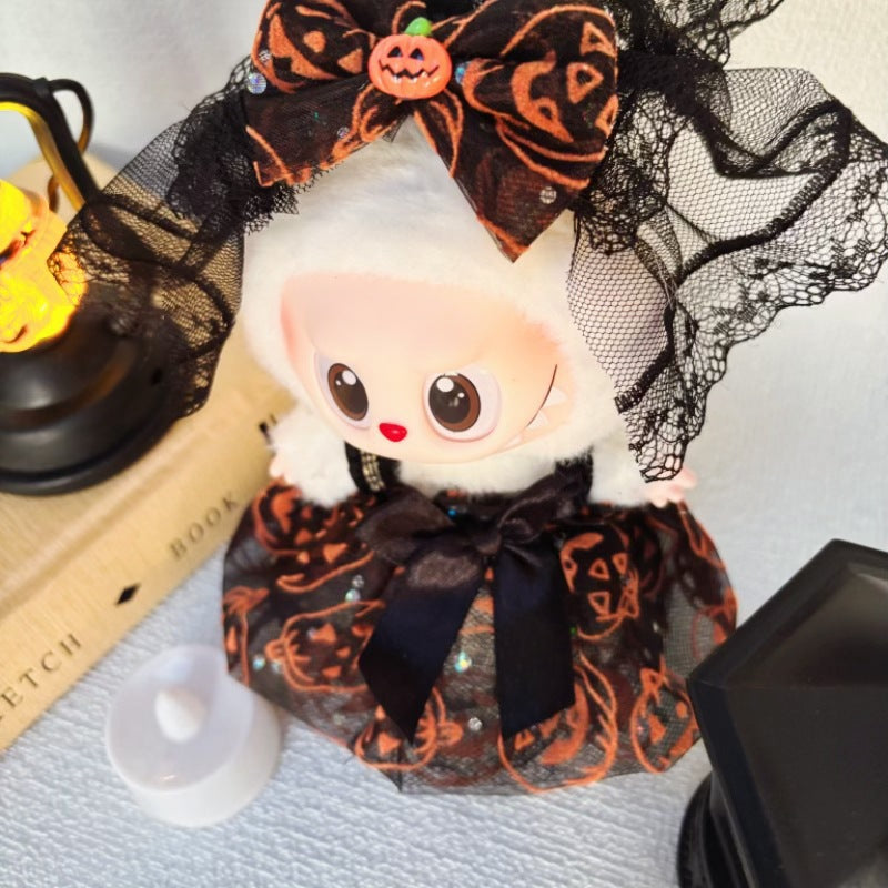 Spooky Bride Labubu Outfit - Lace Trimmed Pumpkin Pattern Black Dress with Detachable Veil (No Doll)