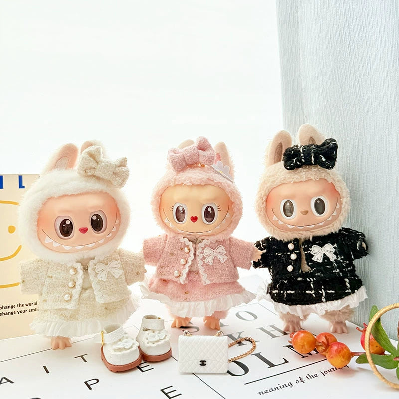 POP MART Labubu 17cm Doll Clothes - Pink Chanel-Style Dress Set w/Keychain for Blind Box Figures (No Doll Included) | Luxury Vinyl Outfit