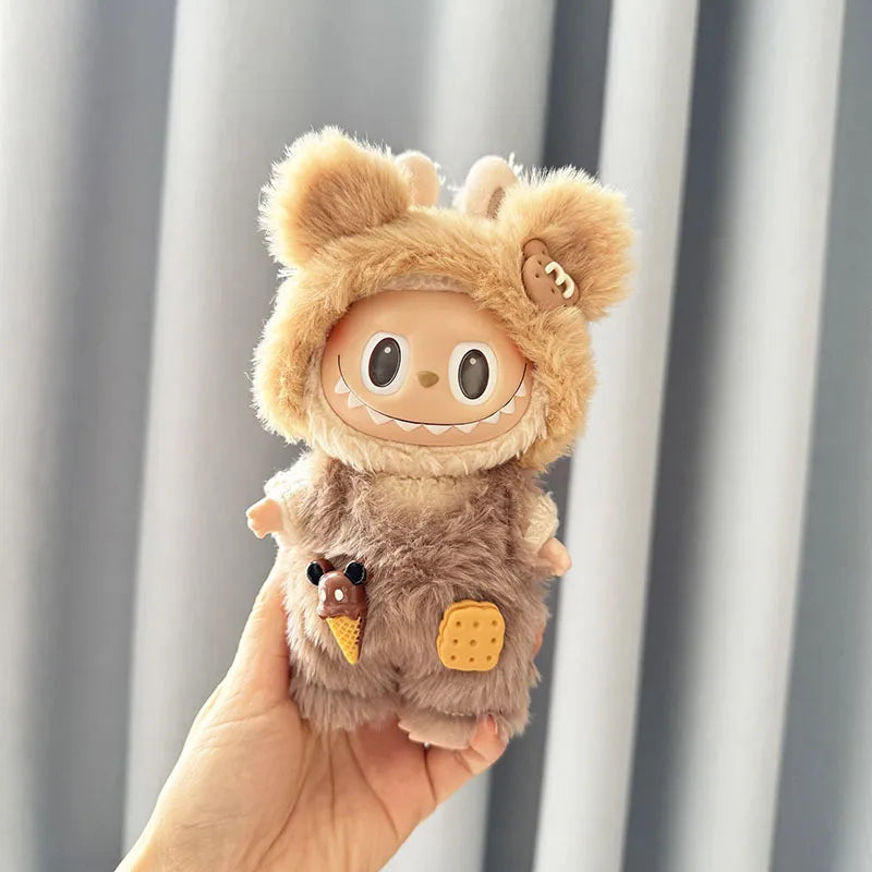 POP MART Labubu Doll Clothes - Teddy Bear Overalls Set for Gen 1/2 Vinyl Figures 17cm (No Doll Included) | Biscuit-Themed Blind Box Keychain Outfit