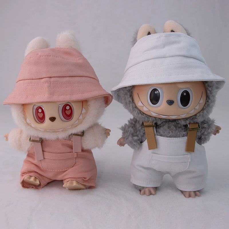 17cm Labubu Outfit Set - Khaki Overalls & Fisherman Hat for Fashion Vinyl Doll