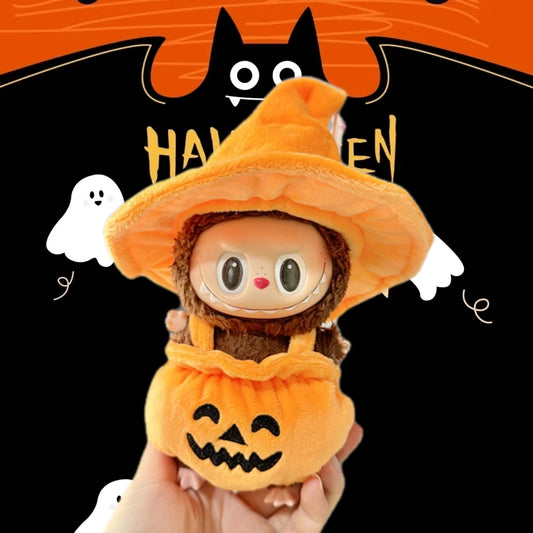 Halloween Labubu Costume Set - Pumpkin Jumpsuit & Witch Hat for Vinyl Figures