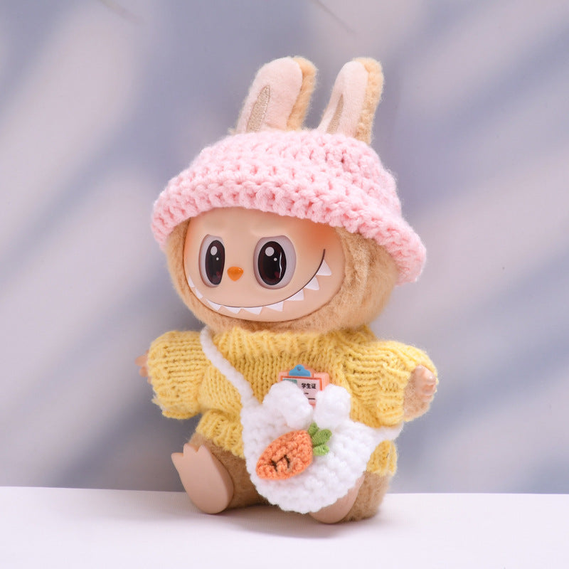 Labubu Series 1/2 Outfit - Brown Knit Sweater Set w/ Hat & Bag for Keychain Doll