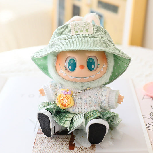 LABUBU Clothes Set, Crochet 4-Piece Set Hat Clothes Cell Phone Backpack, Stylish Adorable Dolls Clothes Accessories (No Doll) (Green)