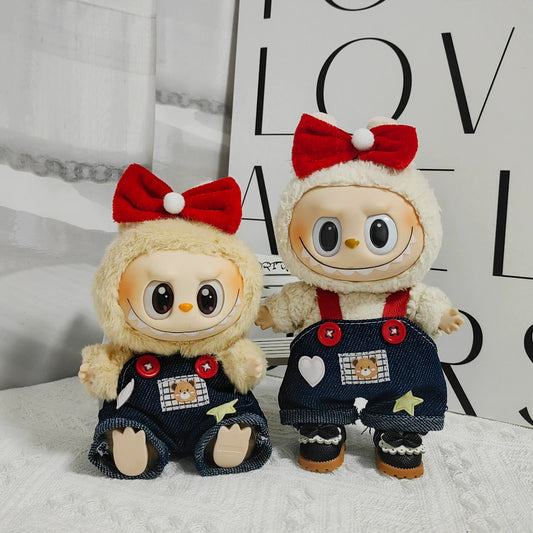 Bear Overalls + Red Bow + Black Mini Camera Outfit for 17cm La Boo Boo Blind Box Doll Change Clothes
