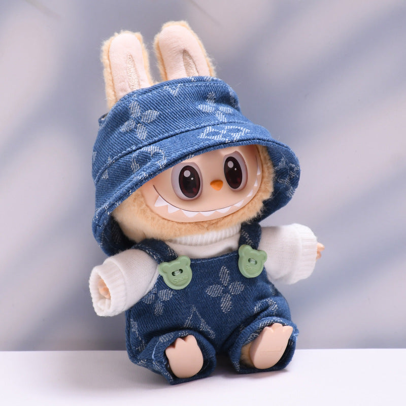 Labubu Series 1/2 Outfit - Printed Overalls & Hat for Keychain Doll Clothes Streetwear