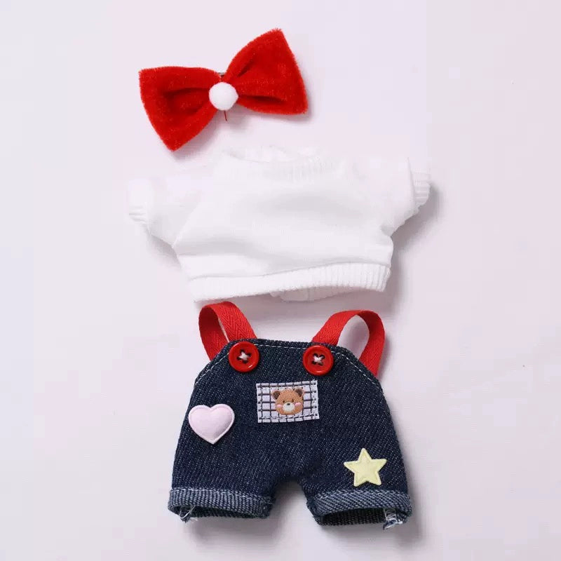 DIMOO WORLD Plush Keychain Doll Outfit - Star Denim Overalls & Red Bow Set for Labubu Doll Clothes