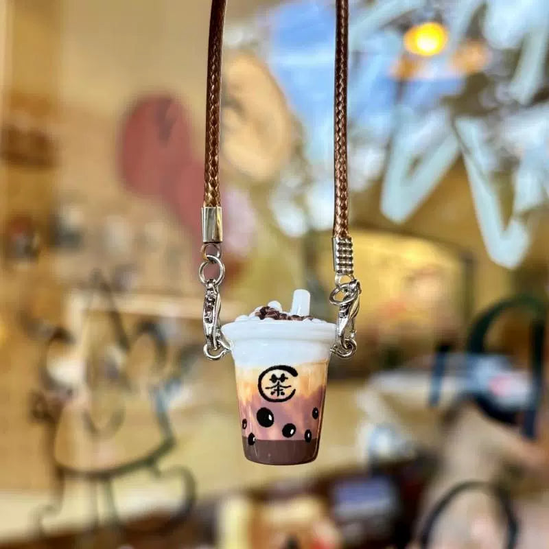 Resin Accessory: Mini Bubble Tea Cup Pendant, Tiny Doll Figurine, Miniature Doll Accessory & Cream-Colored Small Crossbody Bag