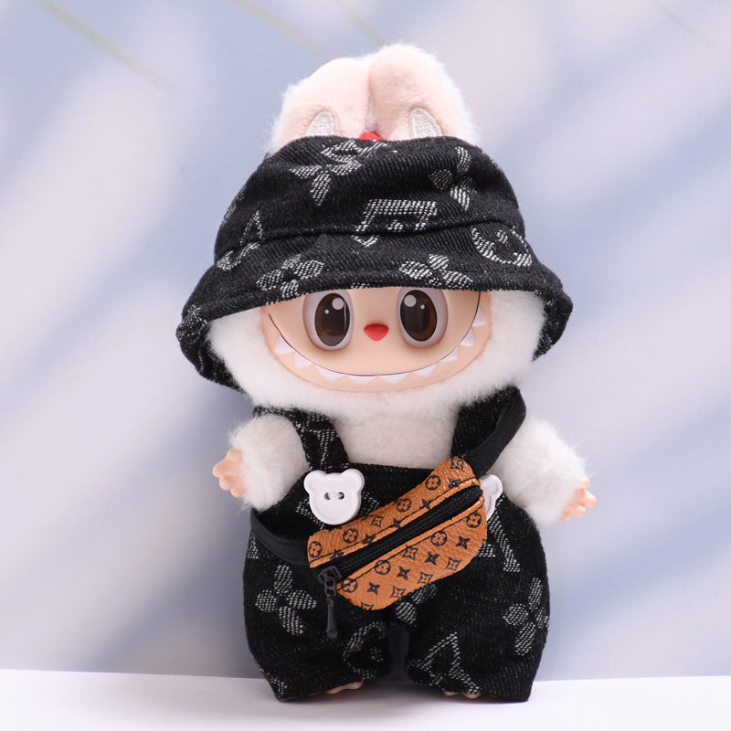 Labubu Series 1/2 Outfit - Printed Overalls & Hat for Keychain Doll Clothes Streetwear