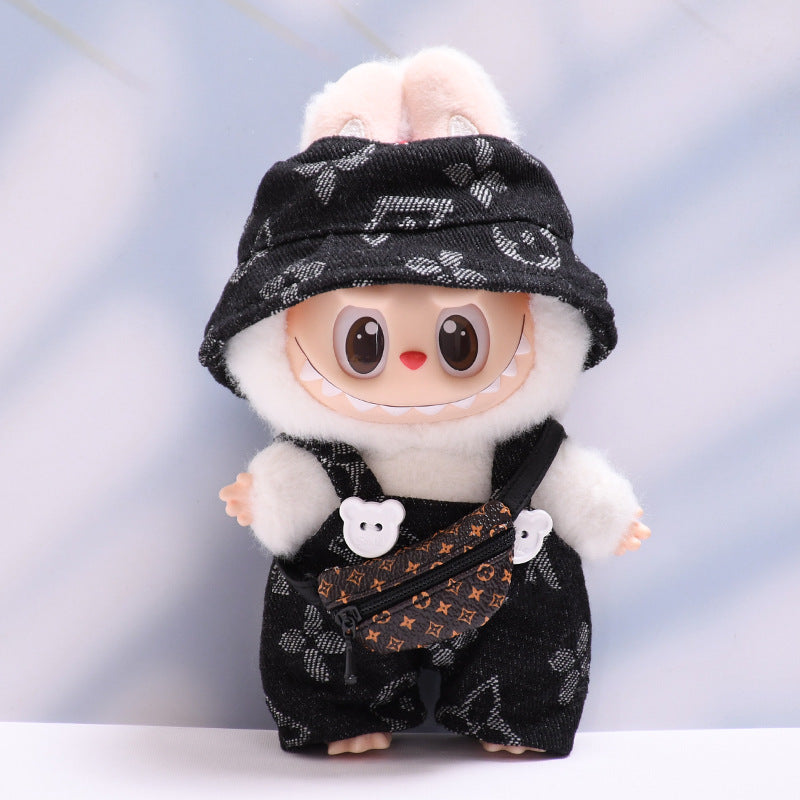 Labubu Series 1/2 Outfit - Printed Overalls & Hat for Keychain Doll Clothes Streetwear