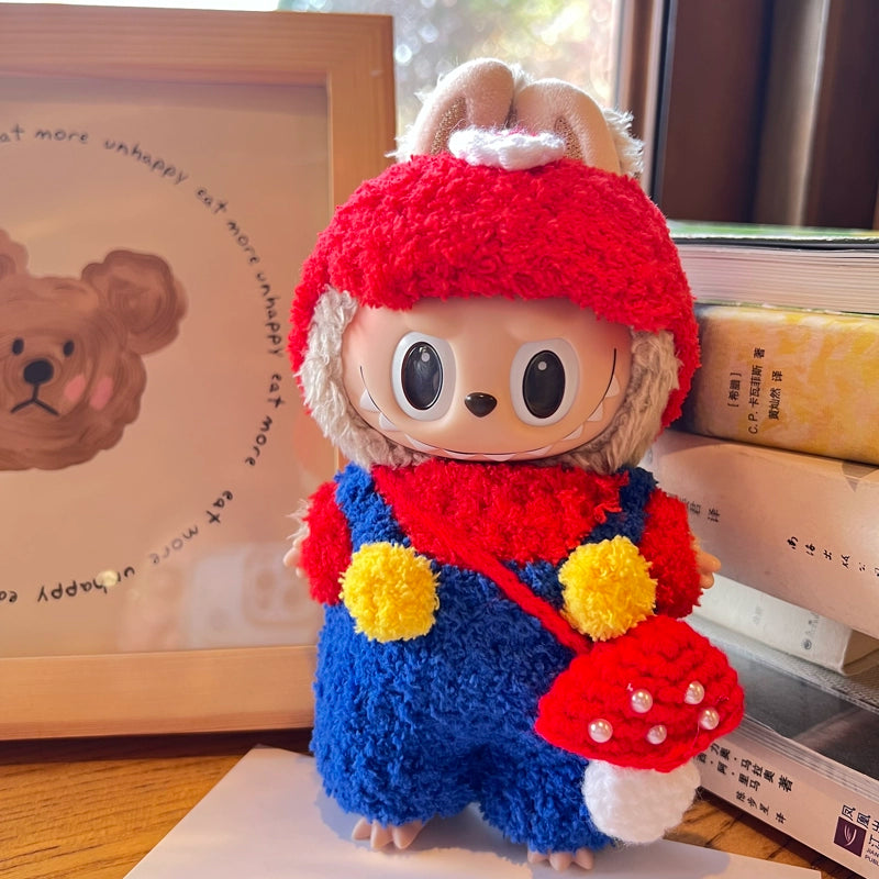 Doll Clothes for Sitting LABUBU, Brown Knitted 3-piece Set - Cute Cartoon Outfits for 17CM POP MART Blind Box Plush Doll