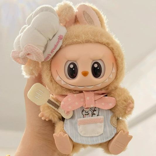 15cm (Seated)/17cm (Standing) Pop Mart Labubu Gen 1-2 Handmade Pink Chef Outfit Set | Apron + Chef Hat + Top | Vinyl/Plush-Compatible Clothes Only for Collectible Dolls & Keychain Charms