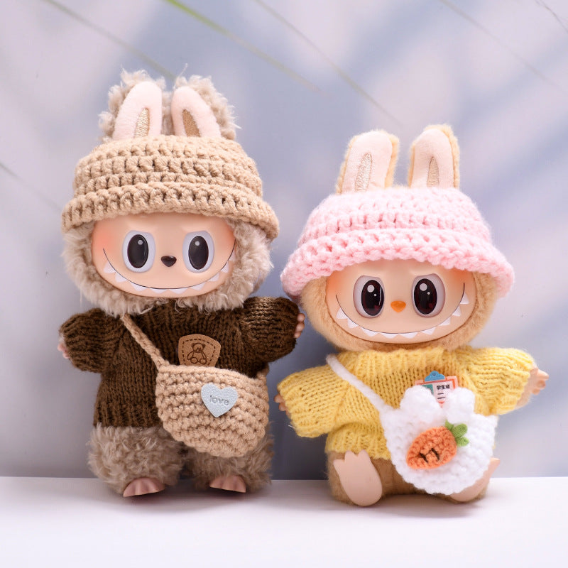 Labubu Series 1/2 Outfit - Brown Knit Sweater Set w/ Hat & Bag for Keychain Doll
