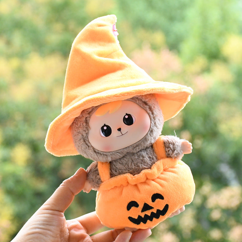 17cm Labubu 1st-2nd Gen Halloween Pumpkin Costume Set with Black Witch Hat | Clothes Only Replacement Outfit for Vinyl/Plush Keychain Charms