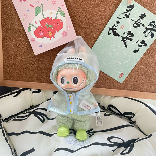 17cm Labubu Transparent Raincoat Outfit | High-Quality PVC Waterproof Hooded Cape | Cute & Playful Doll Clothes for Collectible Figures
