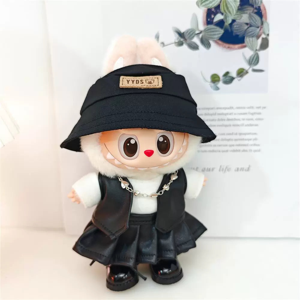 Labubu Outfit Set - Black Cool Overall & Fisherman Hat for 17cm Sitting Figures 1/2/3