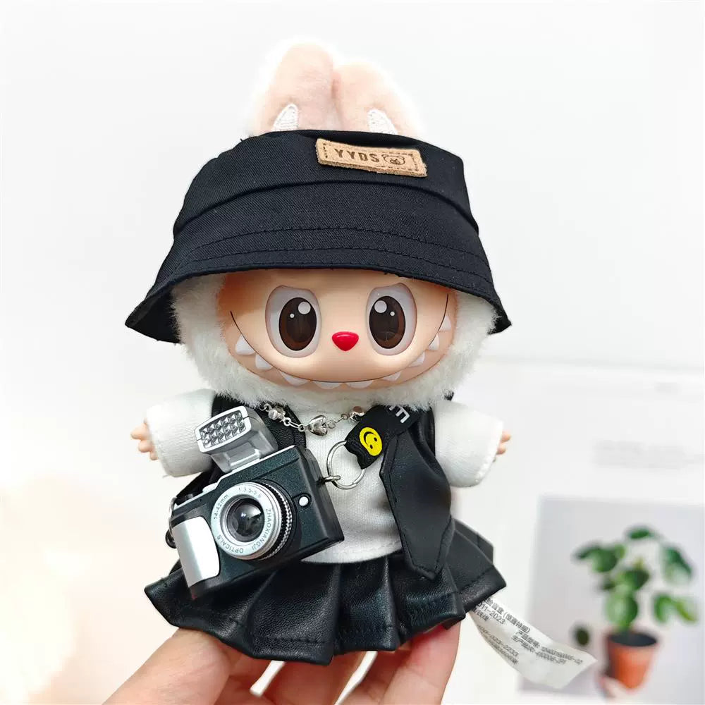 Labubu Outfit Set - Black Cool Overall & Fisherman Hat for 17cm Sitting Figures 1/2/3