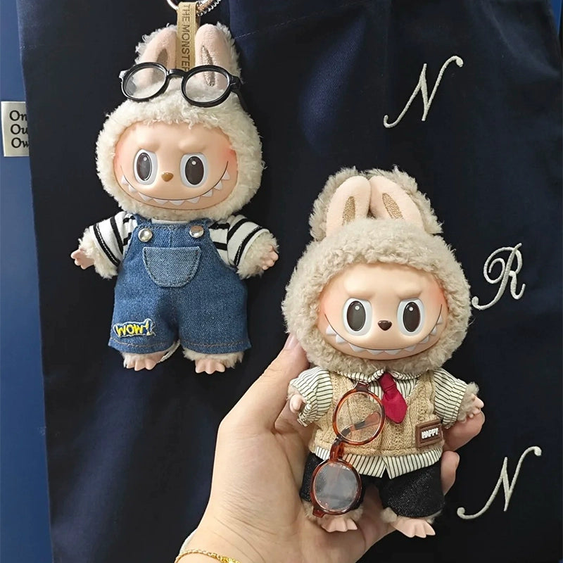 POP MART Labubu Doll Clothes - Striped Tee + Pocket Denim Overalls for Gen 1/2/3 Figures 17cm (No Doll Included)