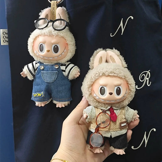 POP MART Labubu Doll Clothes - Striped Tee + Pocket Denim Overalls for Gen 1/2/3 Figures 17cm (No Doll Included)