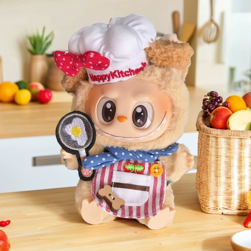 15/17cm Labubu Chef Outfit - Pink Dot Kitchen Set for Sitting Party Series Doll
