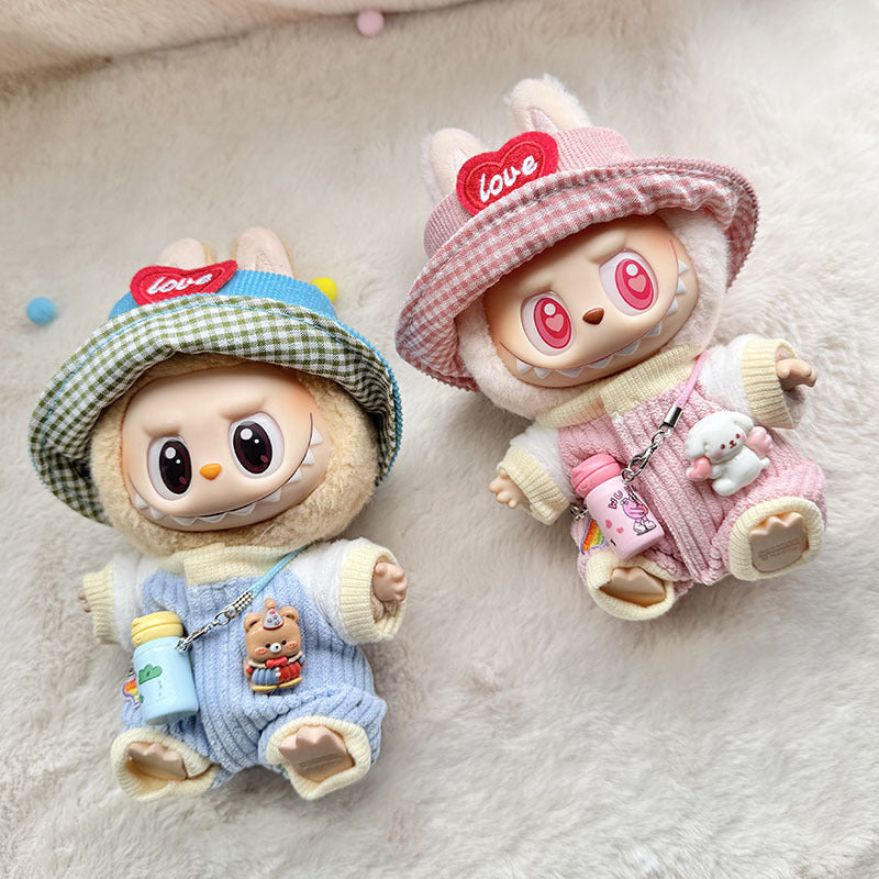 Labubu Series 1/2 Keychain Outfit - Heart Hat & Bottle Overalls Set for Doll Clothes