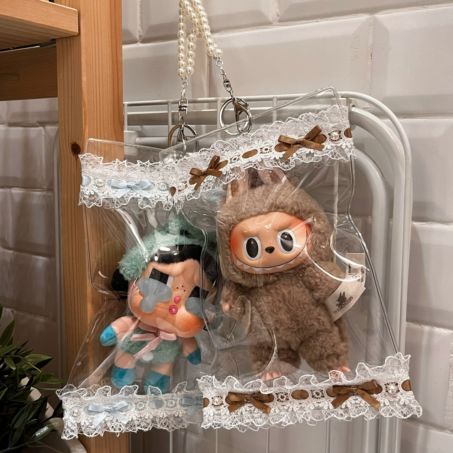 17cm Handmade Lace Doll Carrier - Clear Dustproof Bag for Hanging Display & Outdoor Use