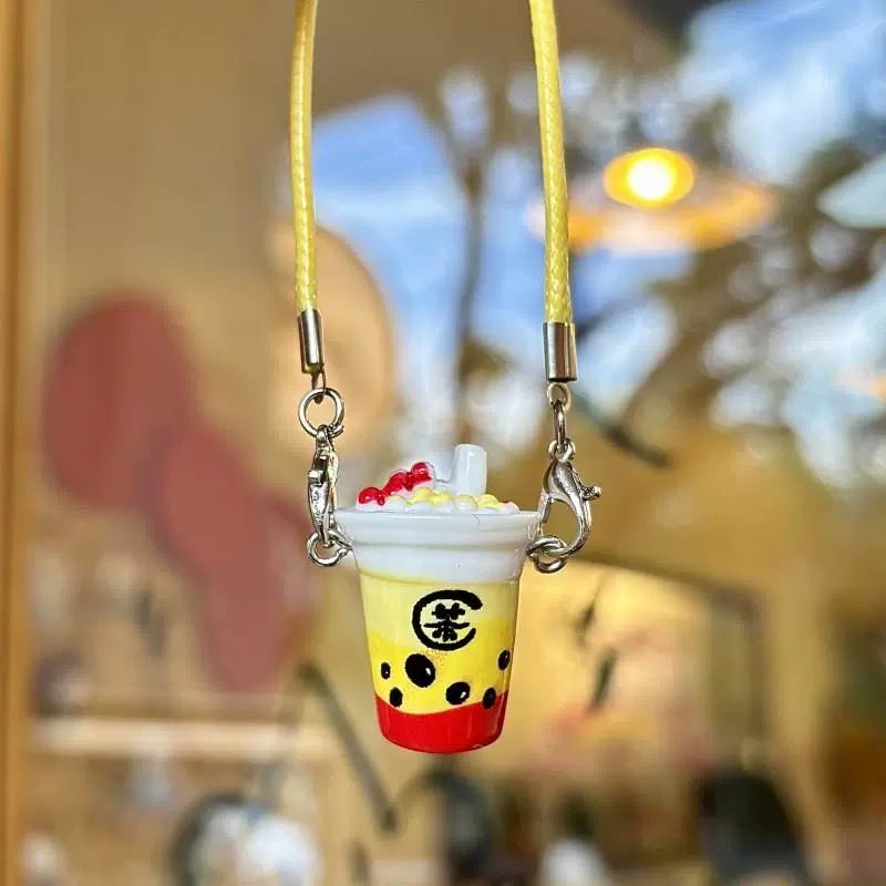 Resin Accessory: Mini Bubble Tea Cup Pendant, Tiny Doll Figurine, Miniature Doll Accessory & Cream-Colored Small Crossbody Bag