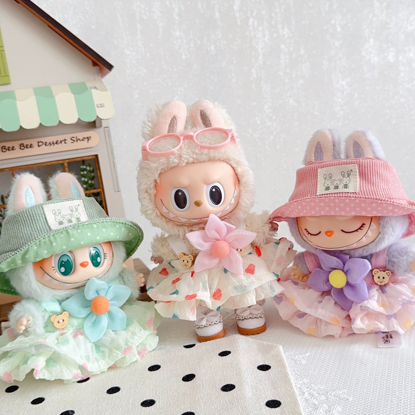 Labubu Summer Pastel Dress Set - Mint Green Tulle Skirt & Bonnet for Have a Seat Series