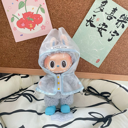 17cm Labubu Transparent Raincoat Outfit | High-Quality PVC Waterproof Hooded Cape | Cute & Playful Doll Clothes for Collectible Figures