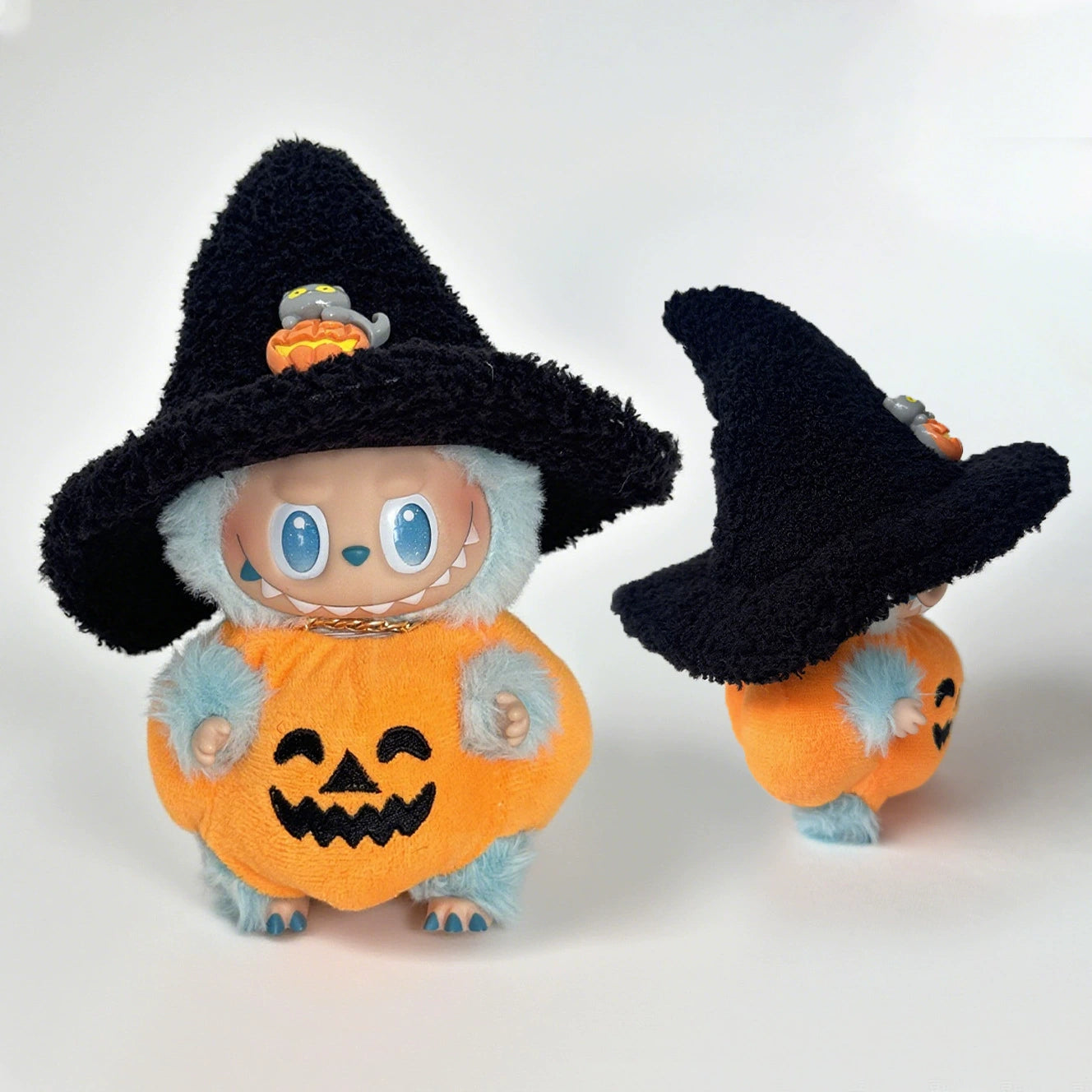 15CM Labubu Gen 1-3 Keychain Halloween Pumpkin Outfit with Overalls & Black Hat (Clothes Only)