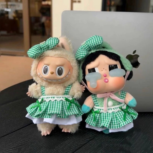 Crybaby Labubu Hawaiian Dress - Green Summer Outfit w/ Bow for Vinyl Doll Clothes