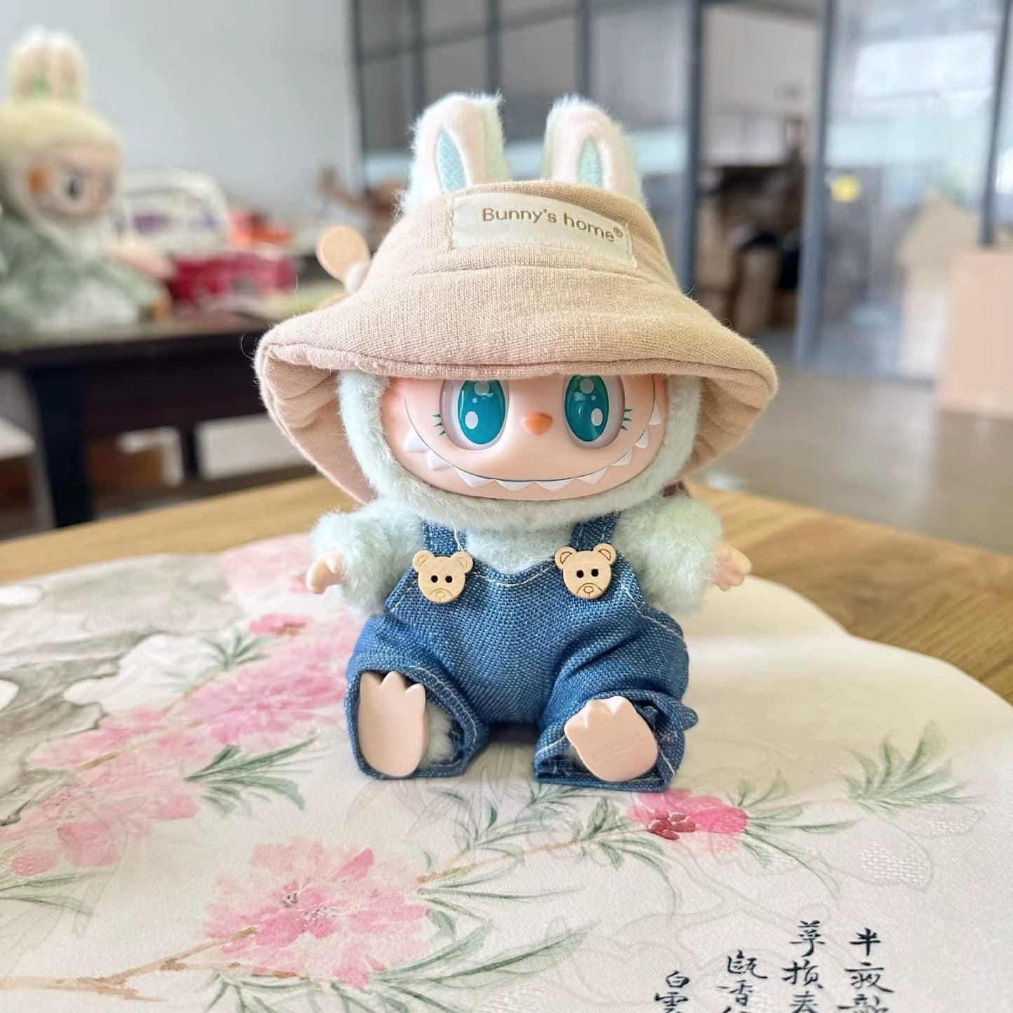 Labubu Denim Overalls Set - Cute Jumpsuit & Fisherman Hat for Vinyl Doll Clothes