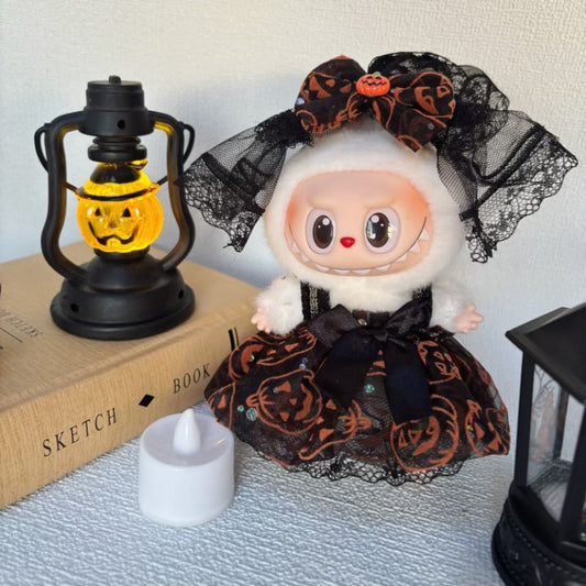 Spooky Bride Labubu Outfit - Lace Trimmed Pumpkin Pattern Black Dress with Detachable Veil (No Doll)