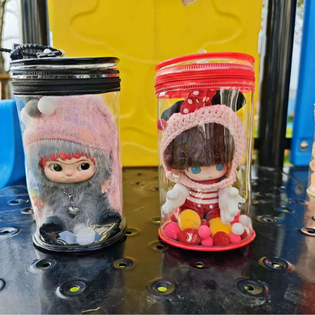 Labubu Doll Storage Bag - Red & Transparent Thick Canvas Cylinder Case