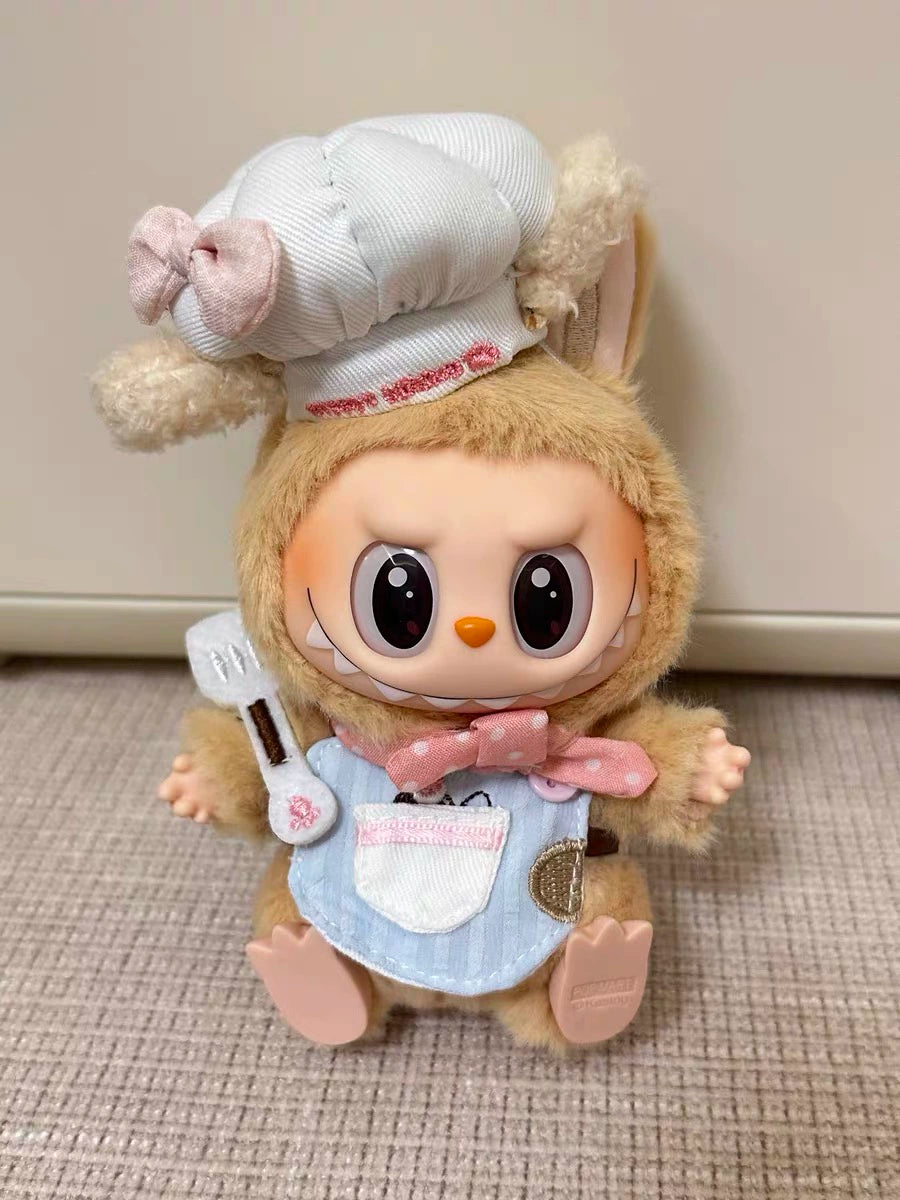 Labubu Gen 1-2 Sitting Party Cute Pink Dot Chef Egg-Pattern Outfit | Fits 17cm Vinyl Plush Dolls