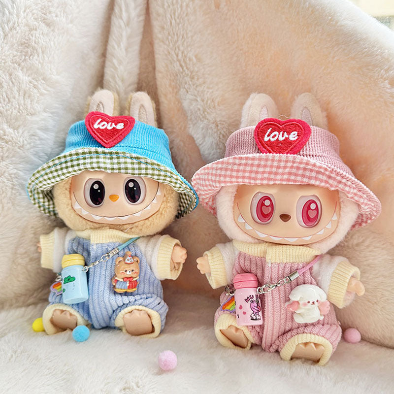 Labubu Series 1/2 Keychain Outfit - Heart Hat & Bottle Overalls Set for Doll Clothes