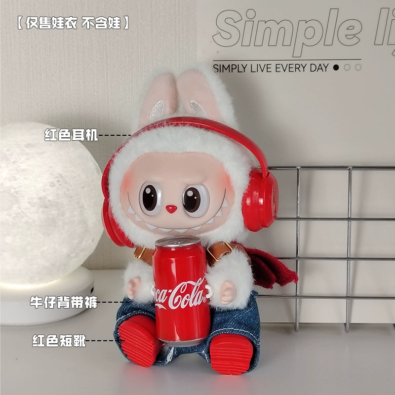 POP MART Labubu Summer Cola Outfit - Red Headphones + Sporty Denim Overalls + Red Boots for Gen 1/2 Figures 17cm (No Doll Included) | Keychain-Compatible