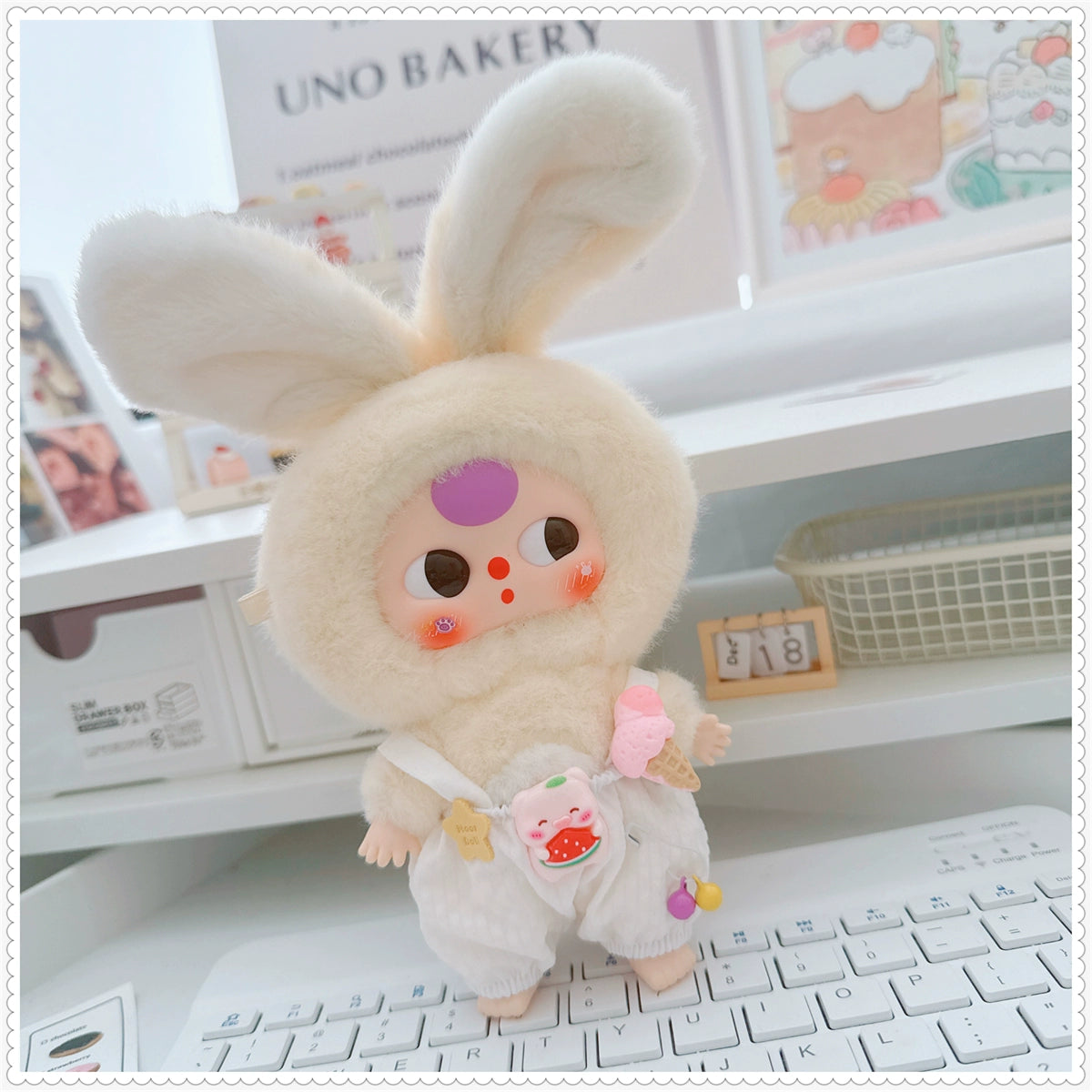 Macaron Bunny Plush Doll Clothes - Ice Cream Overalls Outfit for 3" Blind Box Figures